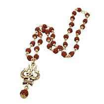Om Trishul Damru Rudraksha Mala - Gold Plated Brass - Original Rudraksha - Spiritual Mala