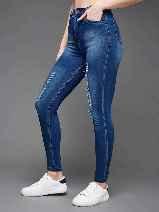 Womens Blue Skinny Fit Mid Rise Mildly Distressed Ripped Denim Jeans